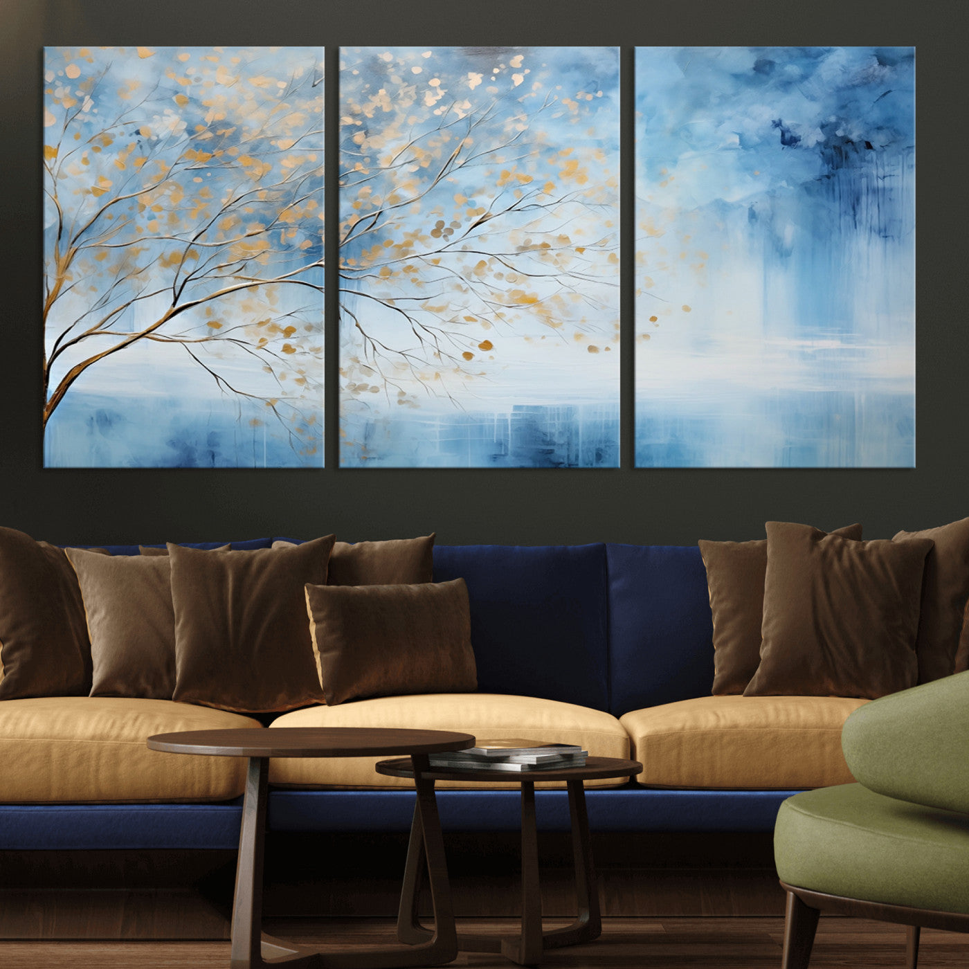 23891-MGV-CV-36X24-Abstract Tree Wall Art – Minimalist Blue and Gold Canvas Painting, Elegant Nature-Inspired Artwork for Living Room, Bedroom or