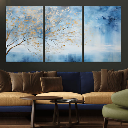 23891-MGV-CV-36X24-Abstract Tree Wall Art – Minimalist Blue and Gold Canvas Painting, Elegant Nature-Inspired Artwork for Living Room, Bedroom or