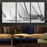 Boat-1-MGV-CV-36X24-Sailboat Racing Wall Art – Nautical Black and White Canvas Print, Ocean Adventure Decor for Office, Living Room or Bedroom