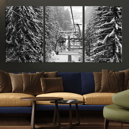 19240-MGV-CV-36X24-Ski Lift Wall Art – Black and White Winter Mountain Canvas Print, Snowy Forest Ski Resort Photography for Cabin, Lodge, Office or