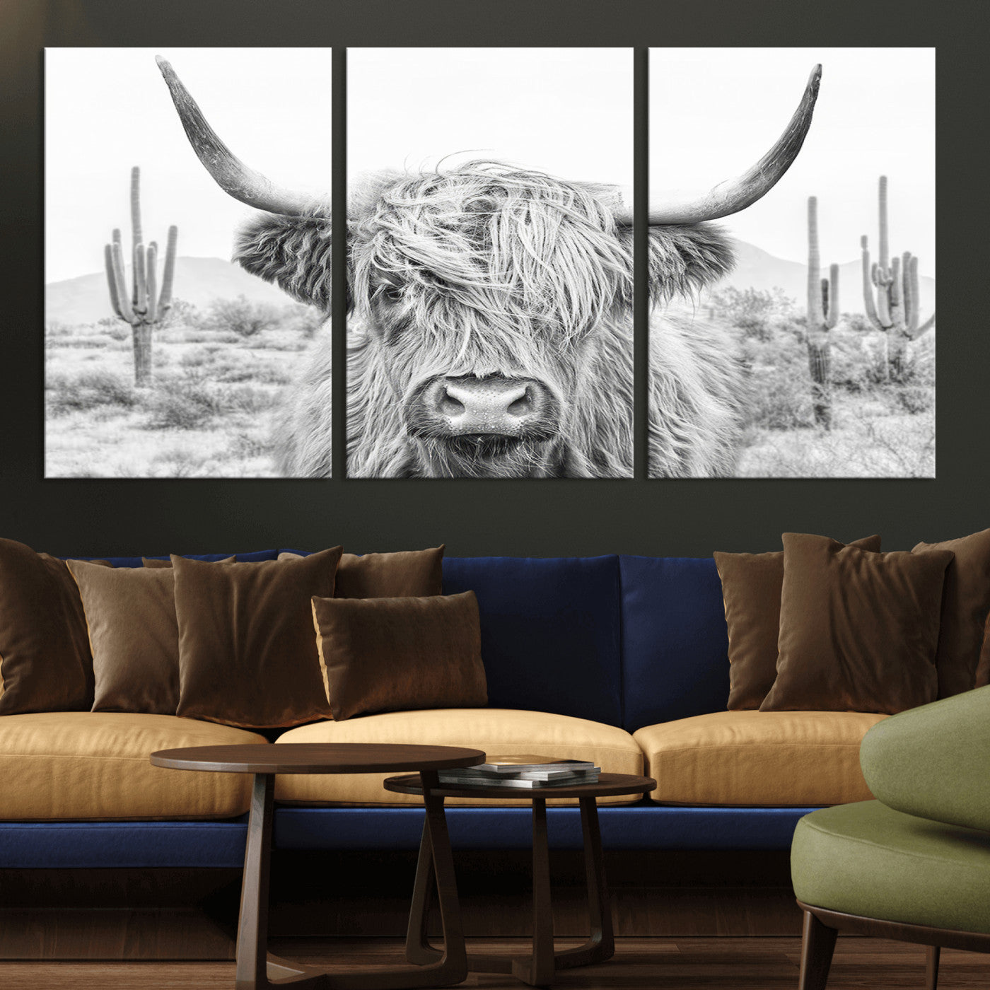 94579-MGV-CV-36X24-Highland Cow Wall Art – Black and White Longhorn Canvas Print, Rustic Western Farmhouse Animal Photography for Living Room,