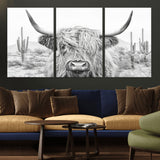 94579-MGV-CV-36X24-Highland Cow Wall Art – Black and White Longhorn Canvas Print, Rustic Western Farmhouse Animal Photography for Living Room,