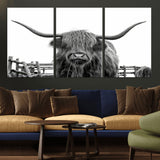 58188-MGV-CV-36X24-Highland Cow Wall Art – Black and White Rustic Farmhouse Canvas Print, Longhorn Cattle Photography Decor for Living Room or