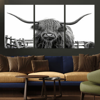 58188-MGV-CV-36X24-Highland Cow Wall Art – Black and White Rustic Farmhouse Canvas Print, Longhorn Cattle Photography Decor for Living Room or
