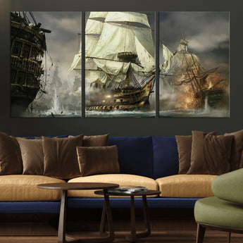 26512-MGV-CV-36X24-Naval Battle Wall Art – Dramatic Tall Ship Canvas Print, Historic Pirate Sailing War Scene, Nautical Decor for Office, Study or