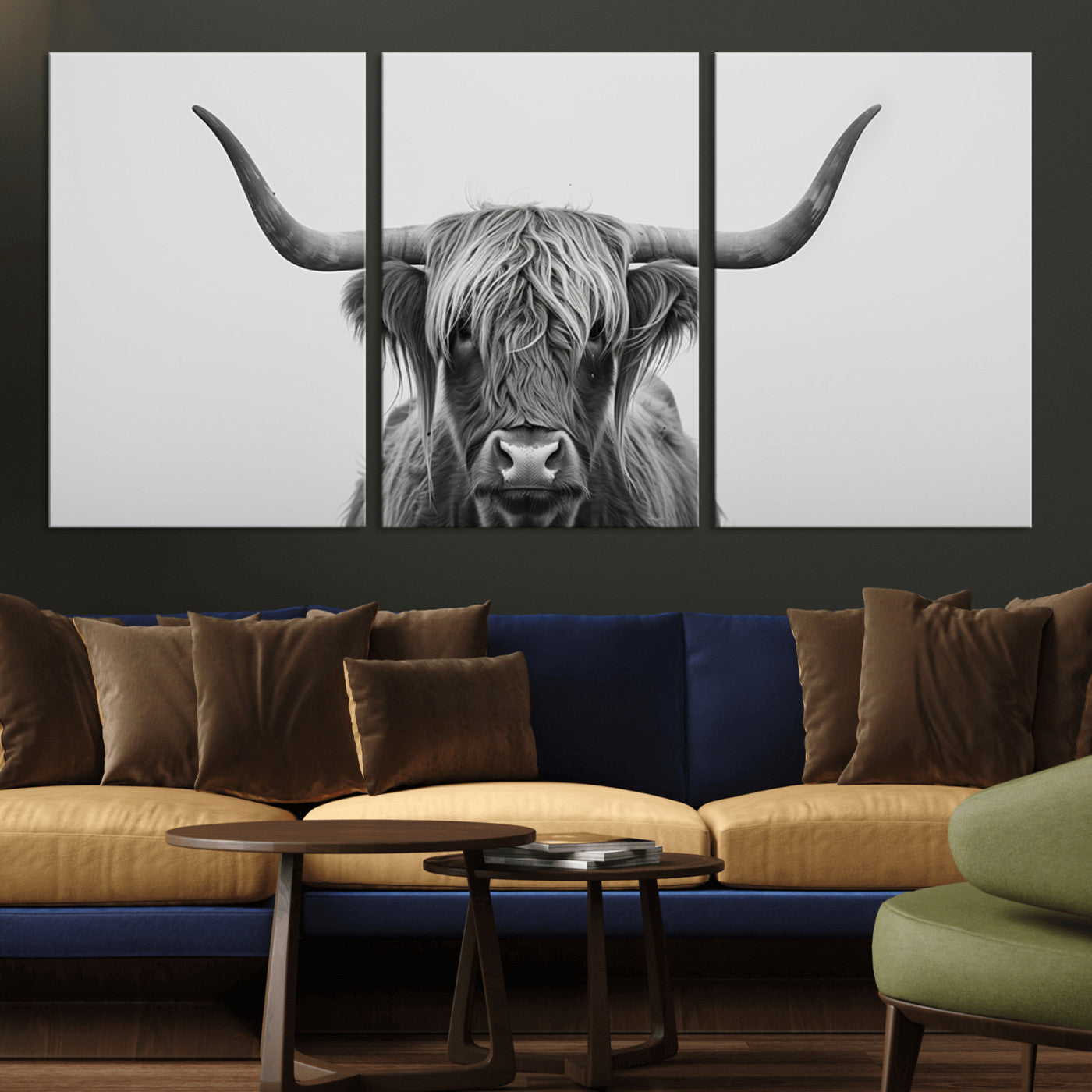 35820-MGV-CV-36X24-Minimalist Highland Cow Wall Art – Black and White Longhorn Cattle Canvas Print, Modern Farmhouse Animal Photography Decor for
