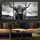 17924-MGV-CV-36X24-Highland Cow Wall Art – Black and White Rustic Longhorn Cattle Canvas Print, Farmhouse Animal Photography Decor for Country Home