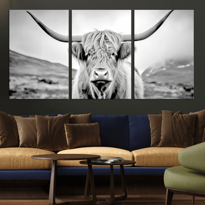 80564-MGV-CV-60X30-3P-Highland Cow Wall Art – Black and White Scottish Highland Canvas Print, Rustic Farmhouse Decor for Living Room, Bedroom or Office