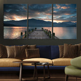 20442-MGV-CV-60X30-3P-Lakeside Sunset Dock Wall Art – Peaceful Mountain Lake Canvas Print, Serene Nature Landscape Decor for Living Room, Bedroom or