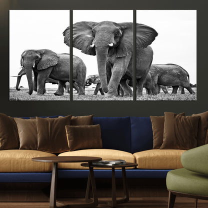 91685-MGV-CV-36X24-Elephant Herd Wall Art – Black and White Safari Canvas Print, African Wildlife Photography Decor for Living Room, Office or