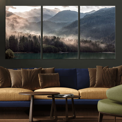 61116-MGV-CV-36X24-Misty Mountain Lake Wall Art – Tranquil Foggy Forest and Lake Canvas Print, Scenic Nature Landscape Decor for Living Room or