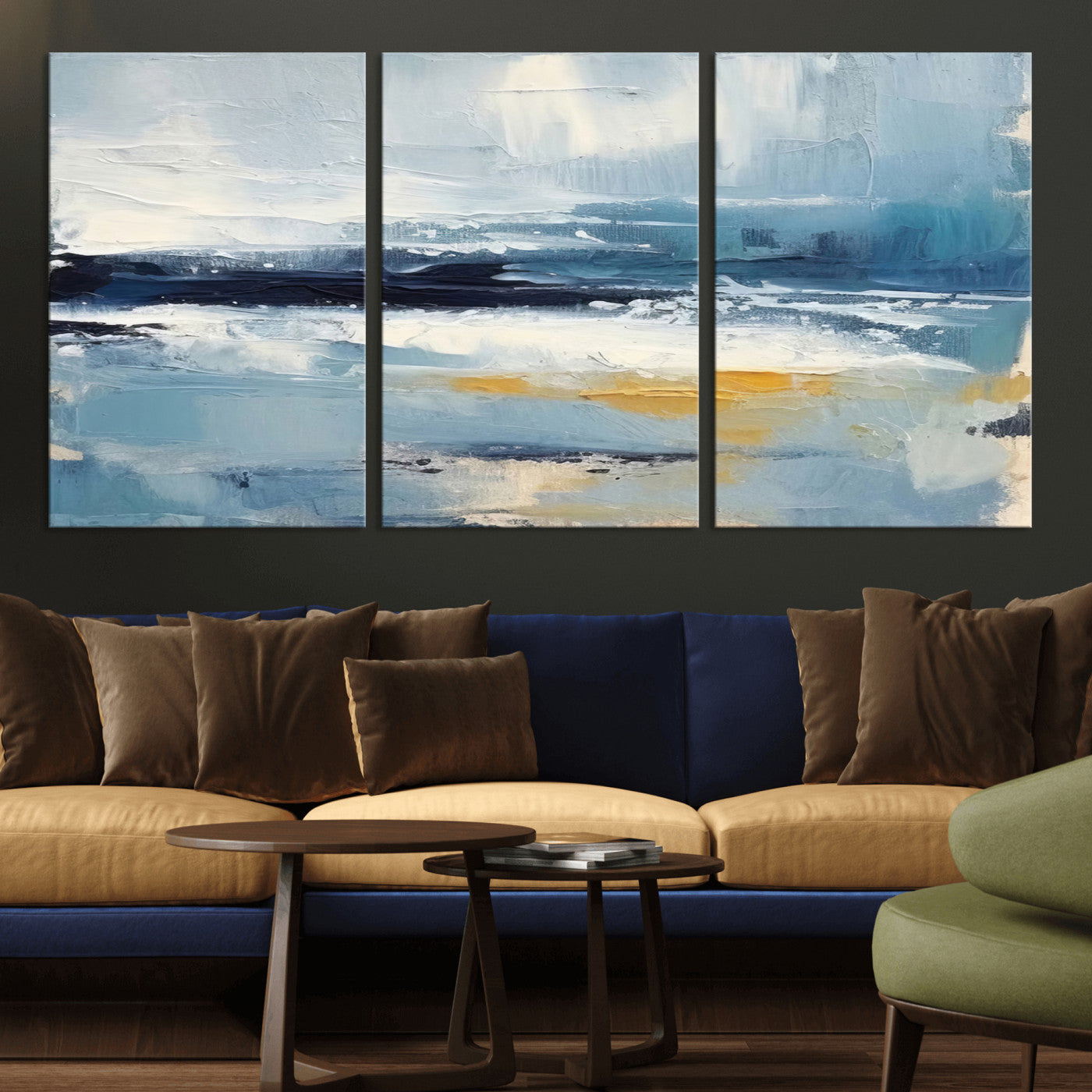 19746-MGV-CV-36X24-Abstract Ocean Wall Art – Modern Coastal Canvas Print with Blue, White and Gold Textures, Contemporary Seascape Painting for