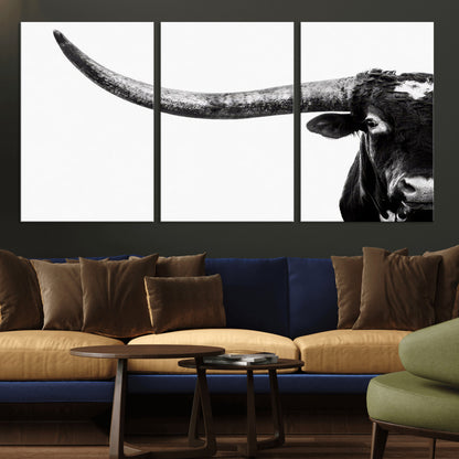 31699-MGV-CV-36X24-Longhorn Wall Art – Black and White Texas Longhorn Cow Canvas Print, Rustic Western Farmhouse Artwork for Living Room, Bedroom or