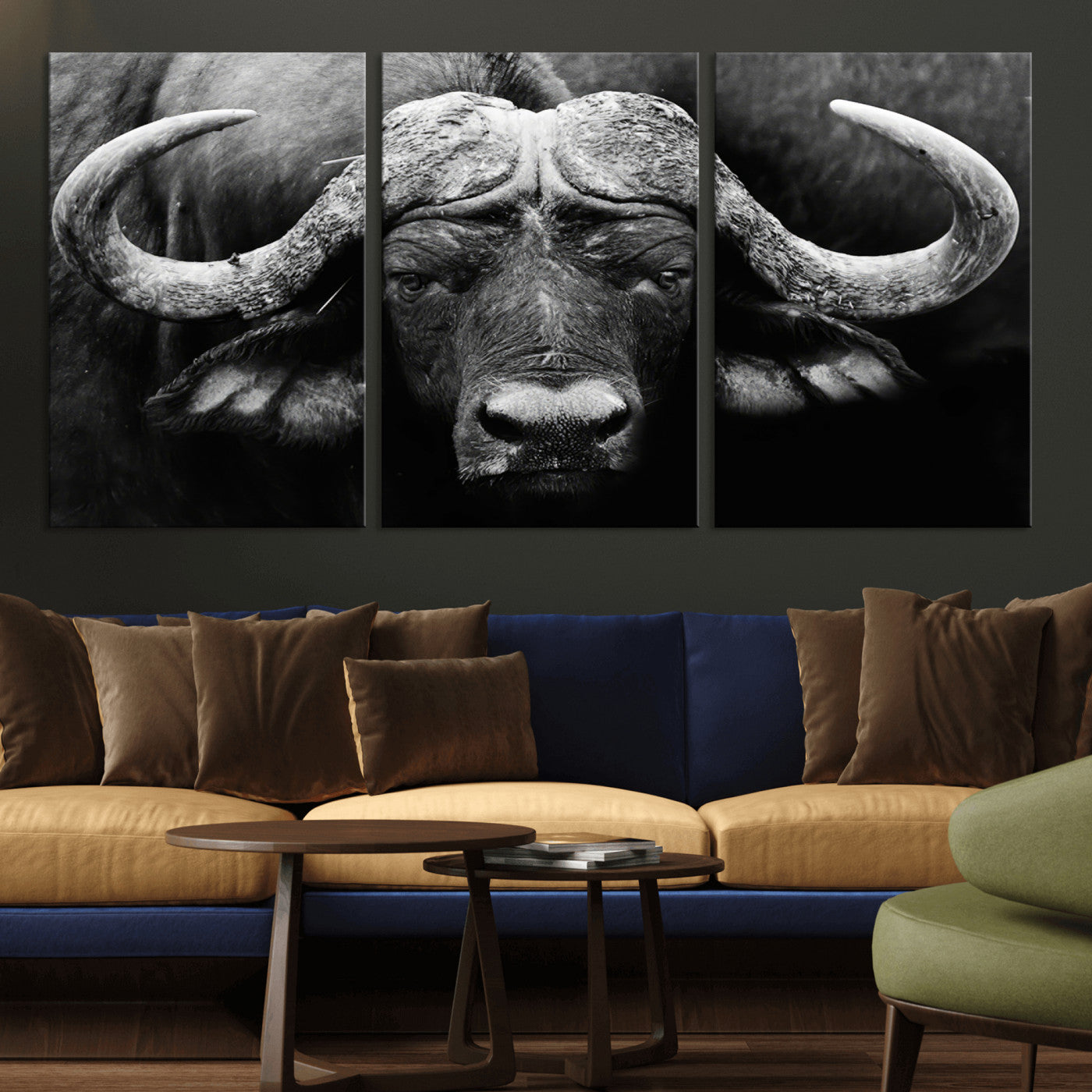 75273-MGV-CV-36X24-Buffalo Wall Art – Black and White African Buffalo Canvas Print, Rustic Wildlife Animal Artwork for Farmhouse, Living Room,