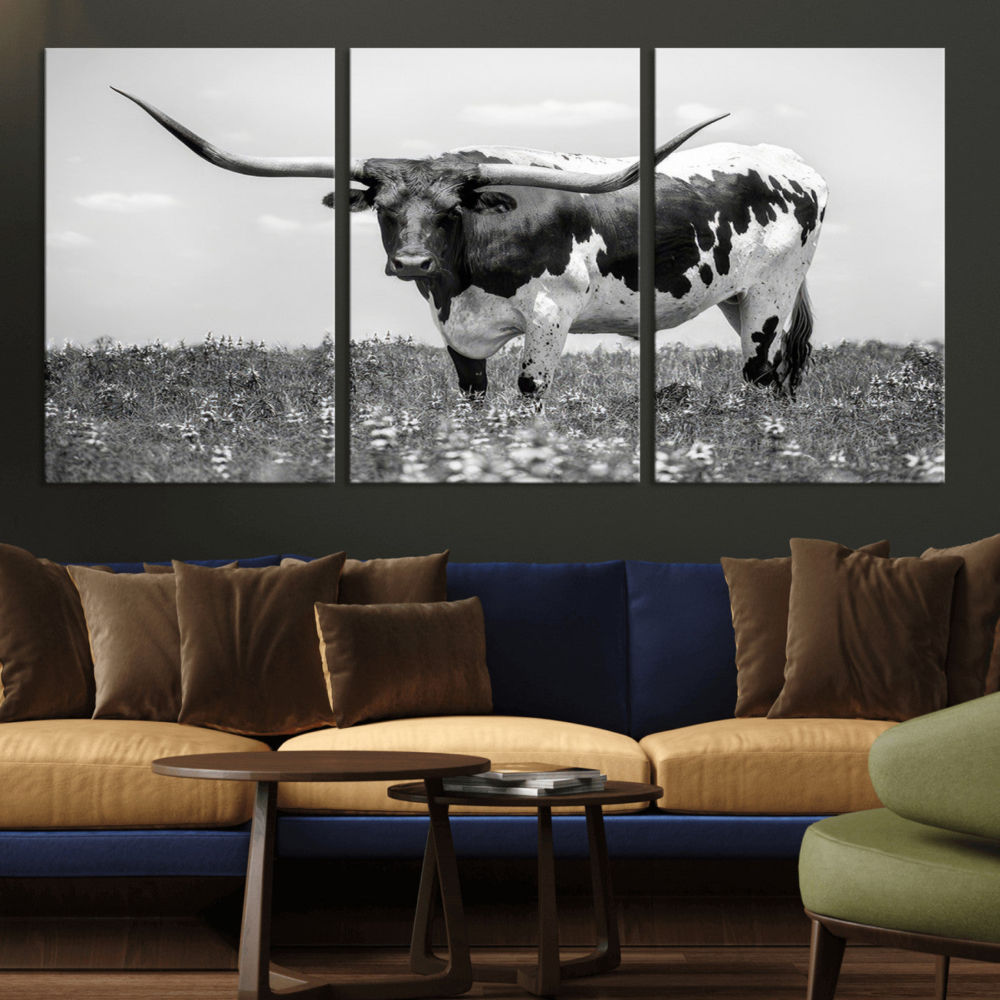 94709-MGV-CV-36X24-Texas Longhorn Wall Art – Black and White Bull Photography Canvas Print, Western Farmhouse Wall Decor for Living Room, Office or