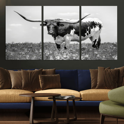94709-MGV-CV-36X24-Texas Longhorn Wall Art – Black and White Bull Photography Canvas Print, Western Farmhouse Wall Decor for Living Room, Office or