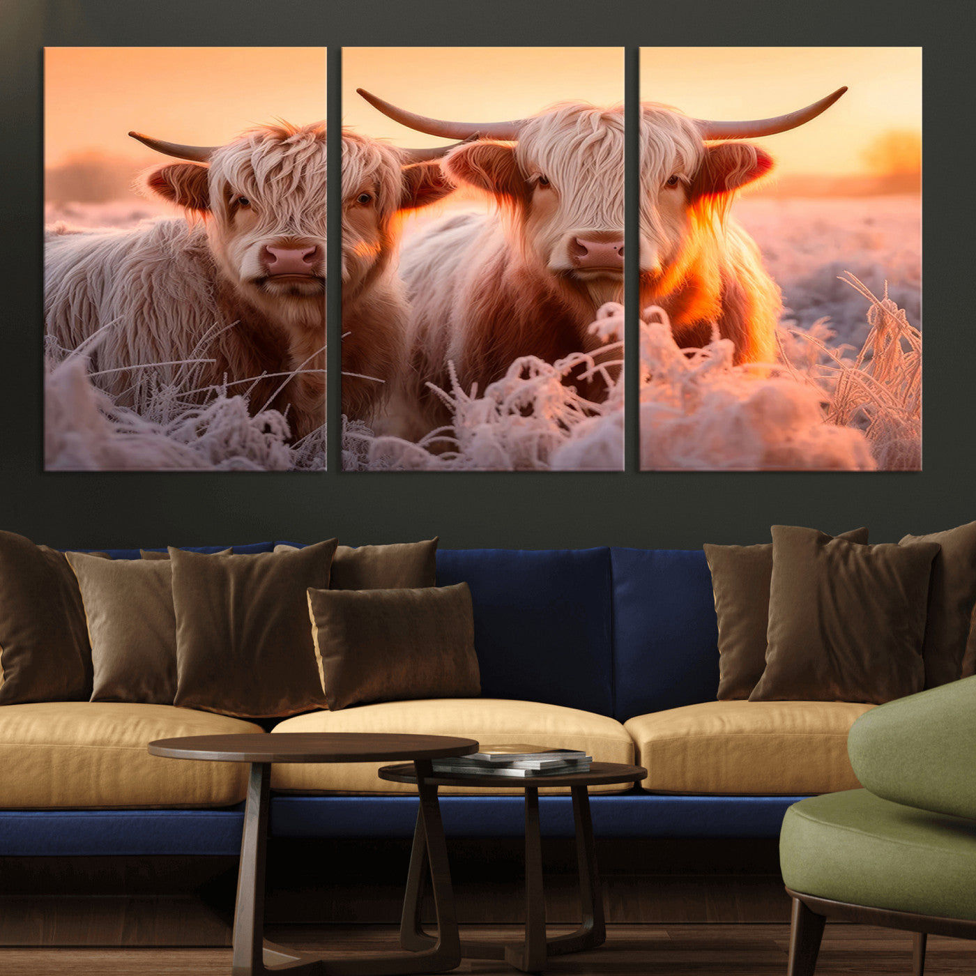 68253-MGV-CV-36X24-Highland Cow Wall Art – Rustic Farmhouse Cattle Canvas Print, Frosty Sunset Animal Artwork for Living Room, Bedroom or Country