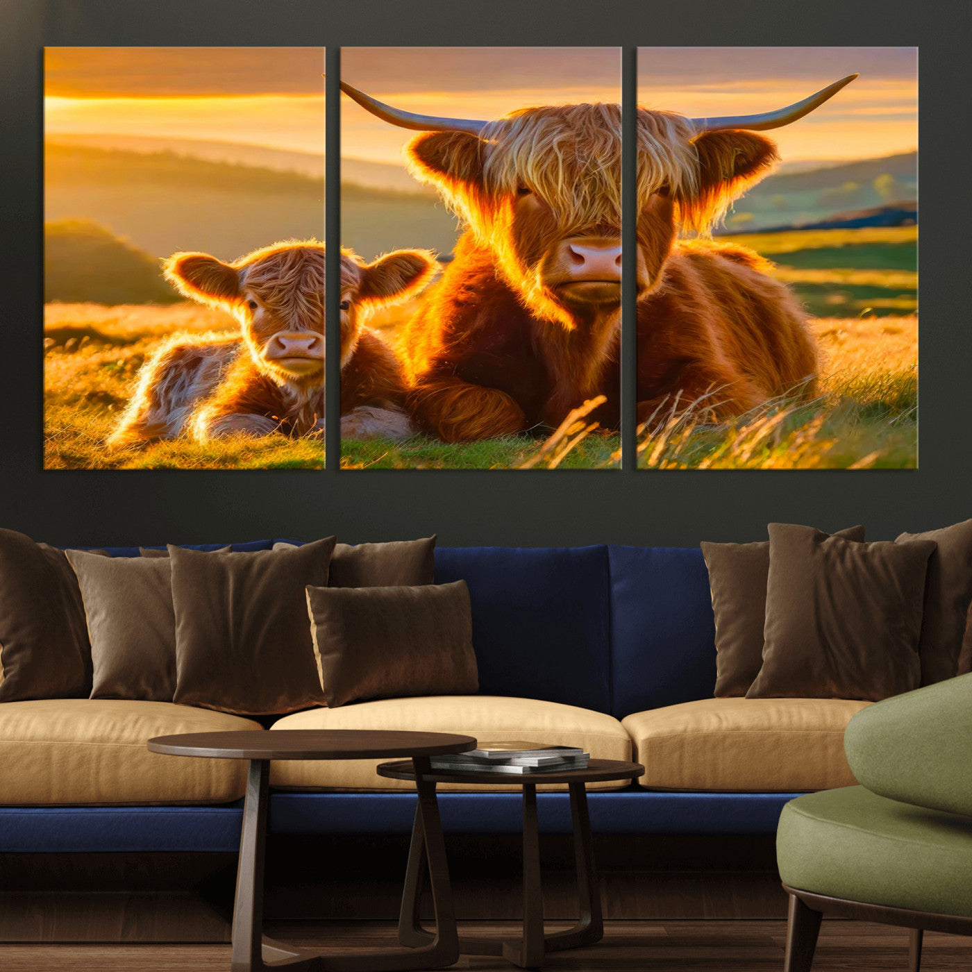 20567-MGV-CV-36X24-Highland Cow and Calf Wall Art – Rustic Farmhouse Sunset Cattle Canvas Print, Country Animal Artwork for Living Room, Bedroom, or