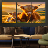 20567-MGV-CV-36X24-Highland Cow and Calf Wall Art – Rustic Farmhouse Sunset Cattle Canvas Print, Country Animal Artwork for Living Room, Bedroom, or