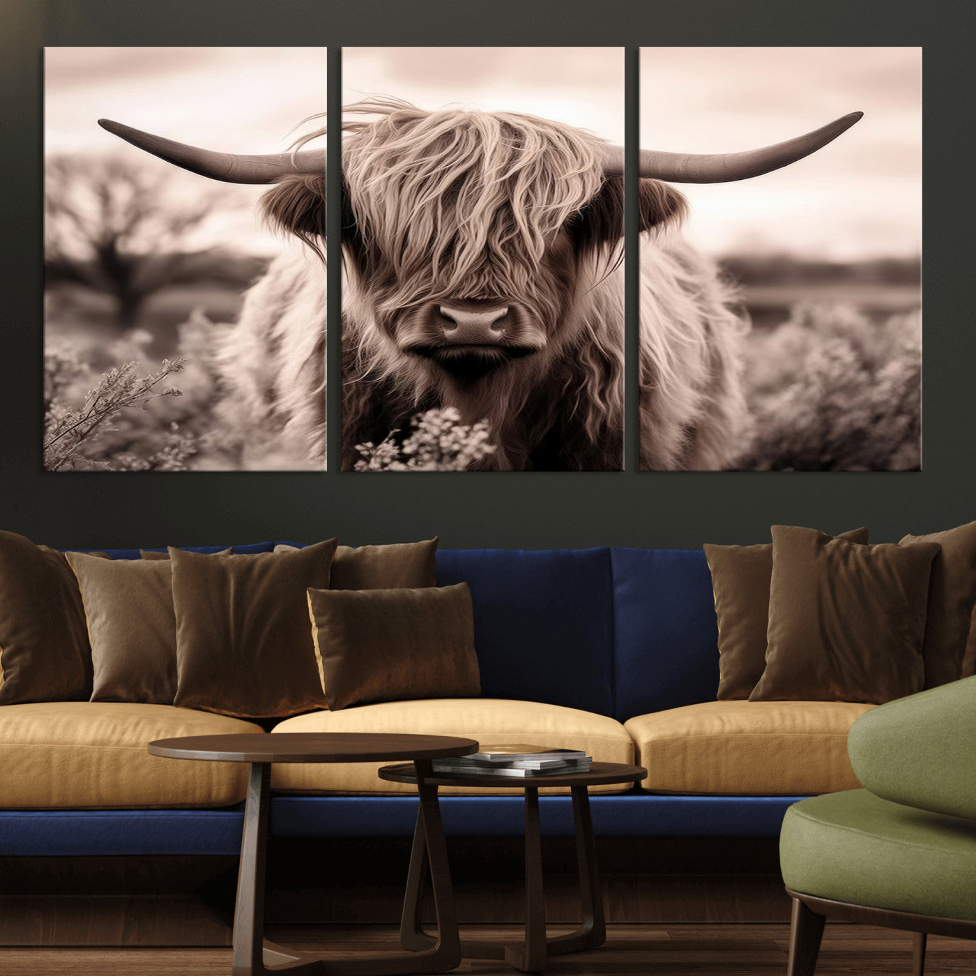 55903-MGV-CV-36X24-Highland Cow Wall Art – Rustic Sepia Scottish Highland Bull Canvas Print, Farmhouse Country Animal Decor for Living Room, Bedroom