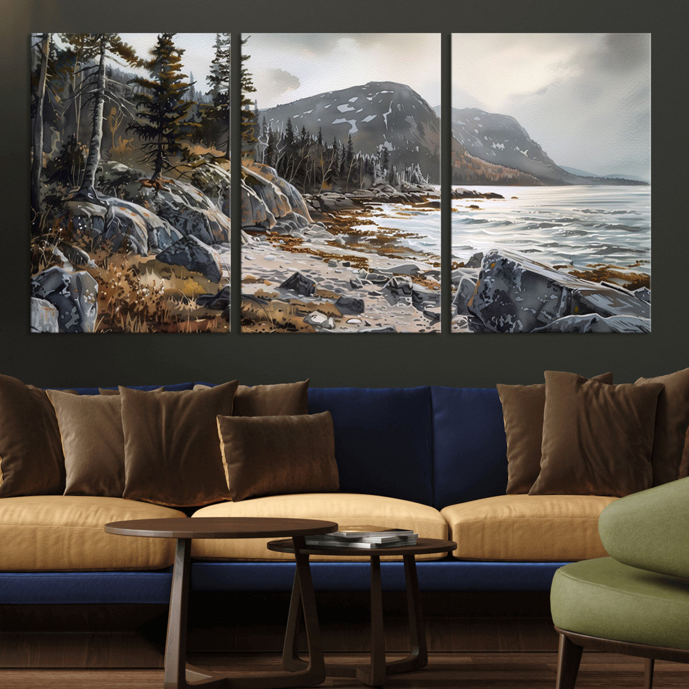 41281-MGV-CV-36X24-Rocky Shoreline Wall Art – Panoramic Mountain Coast and Forest Canvas Print, Rustic Nature Landscape Decor for Cabin, Lodge, or