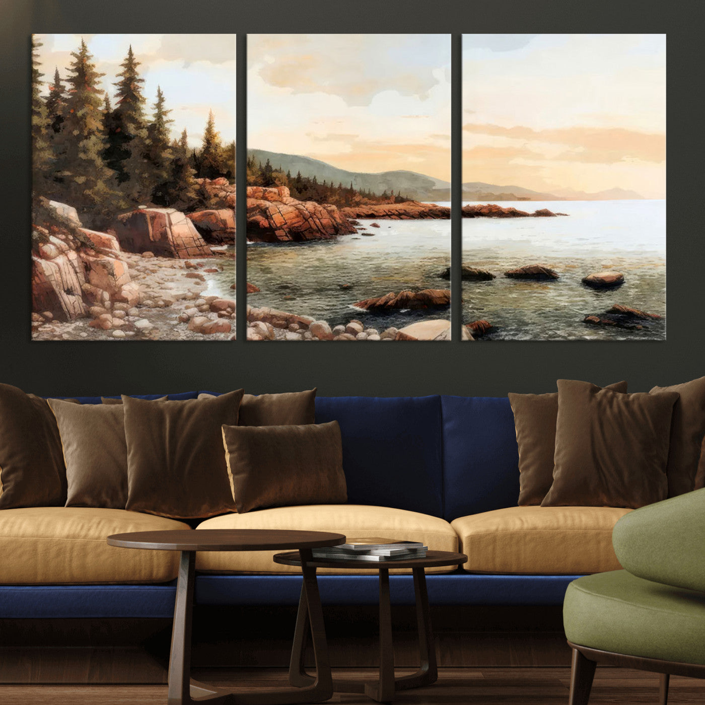 77145-MGV-CV-36X24-Coastal Landscape Wall Art – Panoramic Rocky Shoreline and Pine Trees Canvas Print, Rustic Nature Decor for Cabin, Lodge, Office,