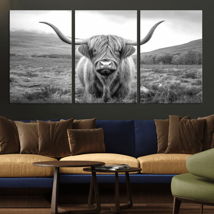 52903-MGV-CV-36X24-Highland Cow Wall Art – Black and White Canvas Print Rustic Cattle Portrait, Farmhouse Country Decor for Living Room, Office,