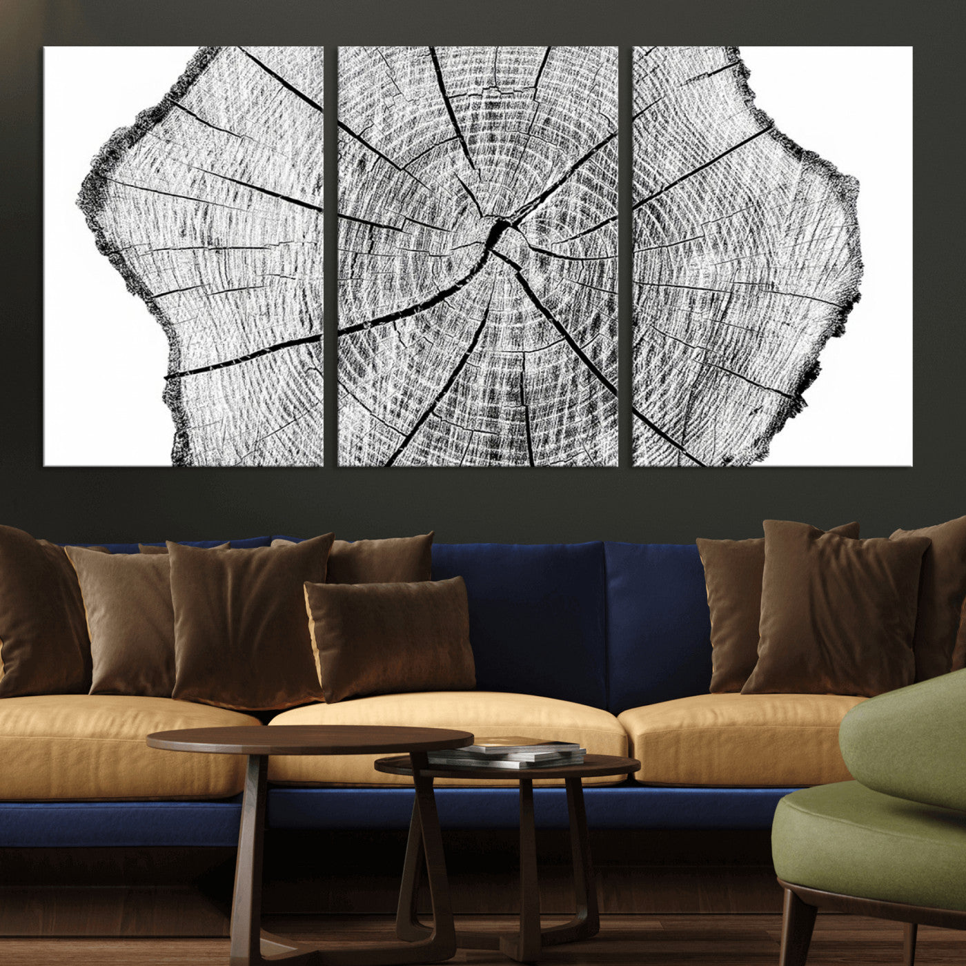 98709-MGV-CV-36X24-Tree Ring Wall Art – Black and White Canvas Print Rustic Wood Cross Section, Minimal Nature Inspired Decor for Living Room,