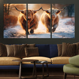 94810-MGV-CV-36X24-Highland Cow Wall Art – Rustic Canvas Print Two Cattle Snow Path Sunset, Farmhouse Country Decor for Living Room, Bedroom, Office,