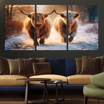 94810-MGV-CV-36X24-Highland Cow Wall Art – Rustic Canvas Print Two Cattle Snow Path Sunset, Farmhouse Country Decor for Living Room, Bedroom, Office,