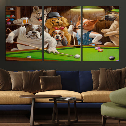 34228-MGV-CV-36X24-Dogs Playing Pool Wall Art Canvas Print, Framed Funny Dog Art Picture Print, Dog Perfect Game Room Decor Artwork