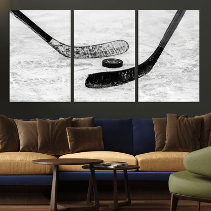 82900-MGV-CV-36X24-Hockey Wall Art – Black and White Canvas Print Ice Rink Sticks Puck Sports Photography, Modern Decor for Game Room, Man Cave,