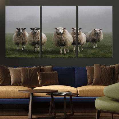 87339-MGV-CV-36X24-Sheep Wall Art – Rustic Farmhouse Canvas Print Flock Standing Misty Field Countryside Photography, Country Animal Decor for Living