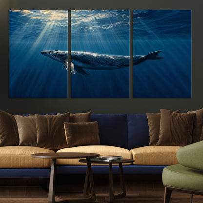 18052-MGV-CV-36X24-Whale Wall Art – Majestic Ocean Canvas Print Marine Life Underwater Sunlight Scene, Nautical Coastal Decor for Living Room,