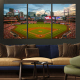 91908-MGV-CV-36X24-Baseball Stadium Wall Art – Canvas Print Game Day Field City Skyline Iconic Arch Scene Sports Photography, Decor for Game Room,