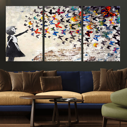 97895-MGV-CV-36X24-Girl with Butterflies Wall Art – Colorful Street Art Style Canvas Print, Modern Graffiti-Inspired Butterfly Artwork for Living