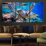 12683-MGV-CV-36X24-Sea Turtle Wall Art – Graceful Ocean Canvas Print with Coral Reef and Tropical Fish, Coastal Marine Life Decor for Beach House,
