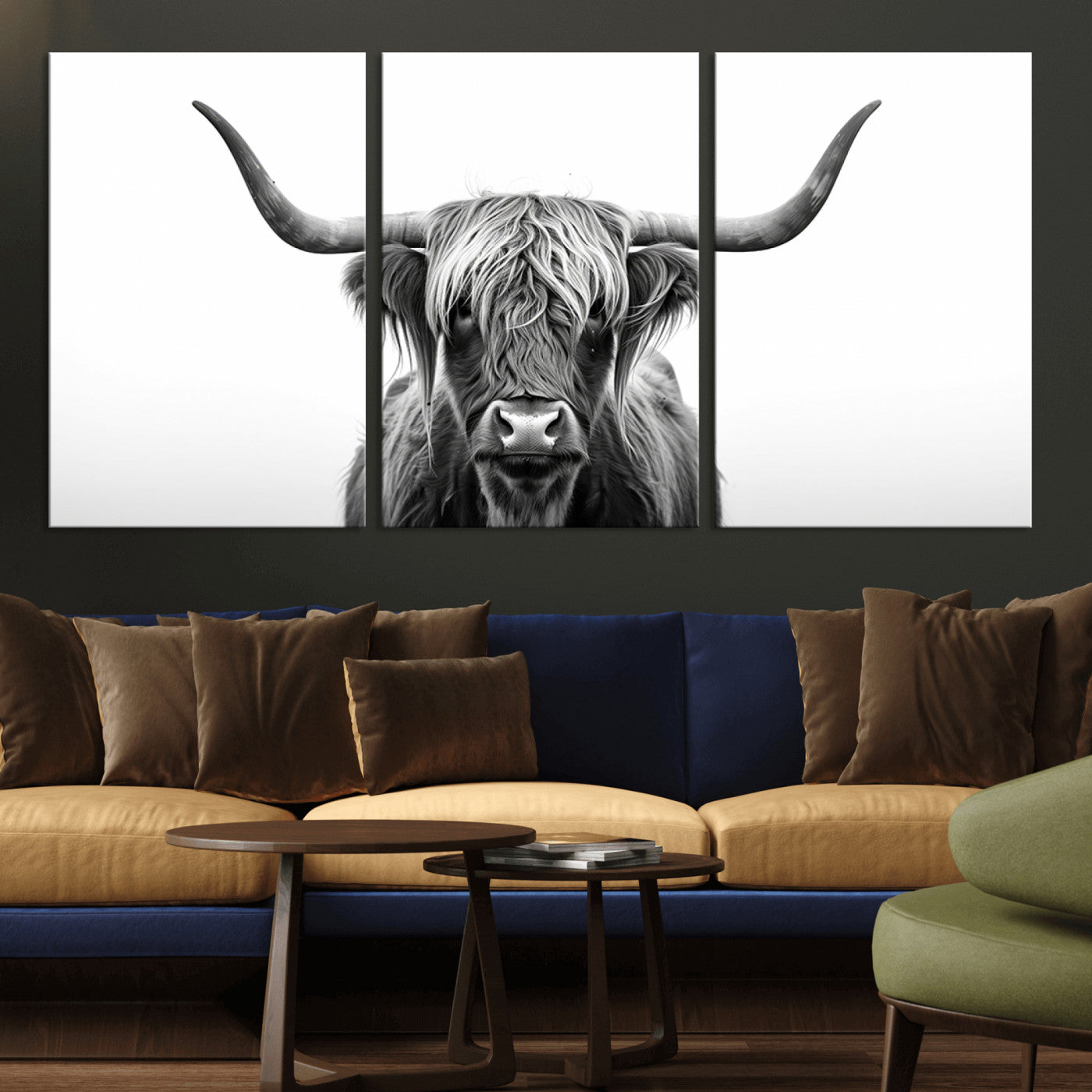 49556-MGV-CV-36X24-Highland Cow Wall Art – Black and White Scottish Highland Cattle Print, Rustic Farmhouse Minimalist Animal Portrait Canvas for