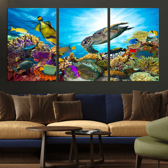 44772-MGV-CV-36X24-Underwater Sea Turtle Wall Art – Vibrant Coral Reef and Tropical Fish Canvas Print, Ocean Marine Life Decor for Living Room,