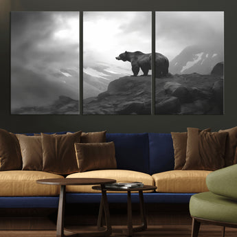 49504-MGV-CV-36X24-Black and White Grizzly Bear Wall Art – Wilderness Wildlife Painting, Rustic Mountain Cabin Decor, Monochrome Animal Print for