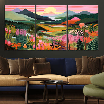 99638-MGV-CV-36X24-Sunset Meadow Wall Art – Panoramic Mountain Landscape with Wildflowers Canvas Print, Vibrant Nature Decor for Living Room, Bedroom