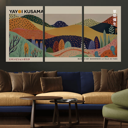 11242-MGV-CV-36X24-Kusama Wall Art – Abstract Colorful Hills Canvas Print, Modern Japanese Inspired Landscape Poster for Living Room, Office or