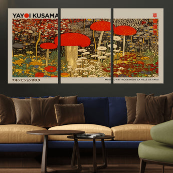 38013-MGV-CV-36X24-Yayoi Kusama Inspired Mushroom Garden Wall Art – Whimsical Botanical Canvas Print, Surreal Nature Poster, Fantasy Floral Artwork