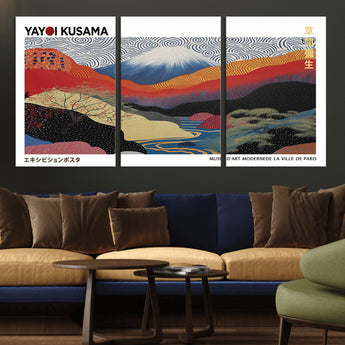 14839-MGV-CV-60X30-3P-Yayoi Kusama Wall Art – Panoramic Mountain & River Canvas Print, Modern Abstract Japanese Landscape Decor for Living Room or
