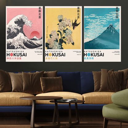 Katsushika-MGV-CV-36X24-Katsushika Hokusai Wall Art Set – The Great Wave, Hydrangea and Swallow, Fine Wind Canvas Prints, Japanese Ukiyo e Style Home and