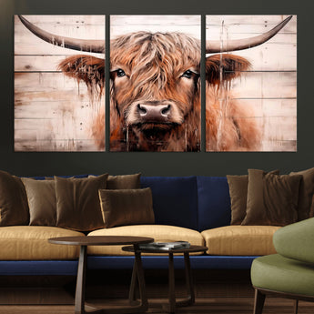 93730-MGV-CV-36X24-Scottish Cow Wall Art Canvas Print, Framed Longhorn Cow Art Picture Print, Highland Cattle Perfect Rustic Farmhouse Decor Artwork