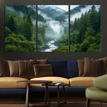69453-MGV-CV-36X24-Mountain Forest Wall Art – Misty River and Evergreen Landscape Canvas Print, Nature Photography Poster for Living Room, Bedroom,