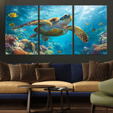 37623-MGV-CV-36X24-Sea Turtle Wall Art – Underwater Ocean Canvas Print with Coral Reef and Tropical Fish, Marine Life Painting Poster for Living