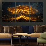 60194-MGV-CV-36X24-Glowing Tree Wall Art – Golden Roots Fantasy Canvas Print, Mystical Illuminated Tree Painting Poster for Living Room, Bedroom,