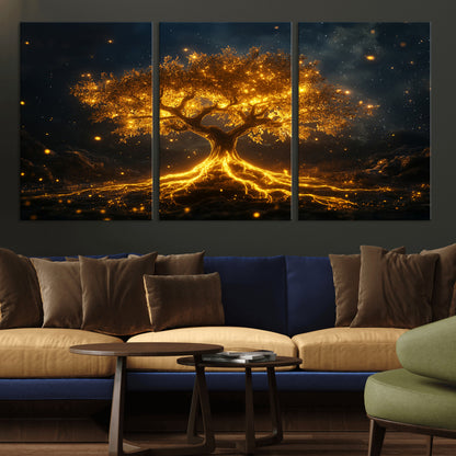 60194-MGV-CV-36X24-Glowing Tree Wall Art – Golden Roots Fantasy Canvas Print, Mystical Illuminated Tree Painting Poster for Living Room, Bedroom,